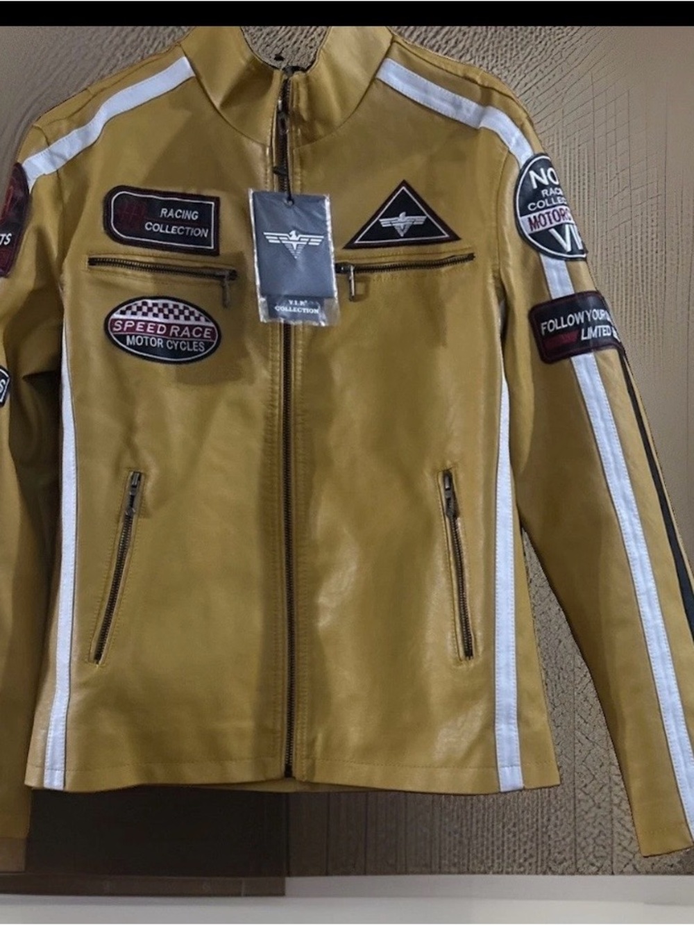 Racing-Inspired Mustard Yellow Leather Bomber Jacket with White Stripes
